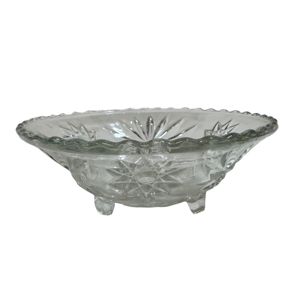 Vintage Glass Footed Bowl Starburst Pattern Scalloped Edge Dessert Dish